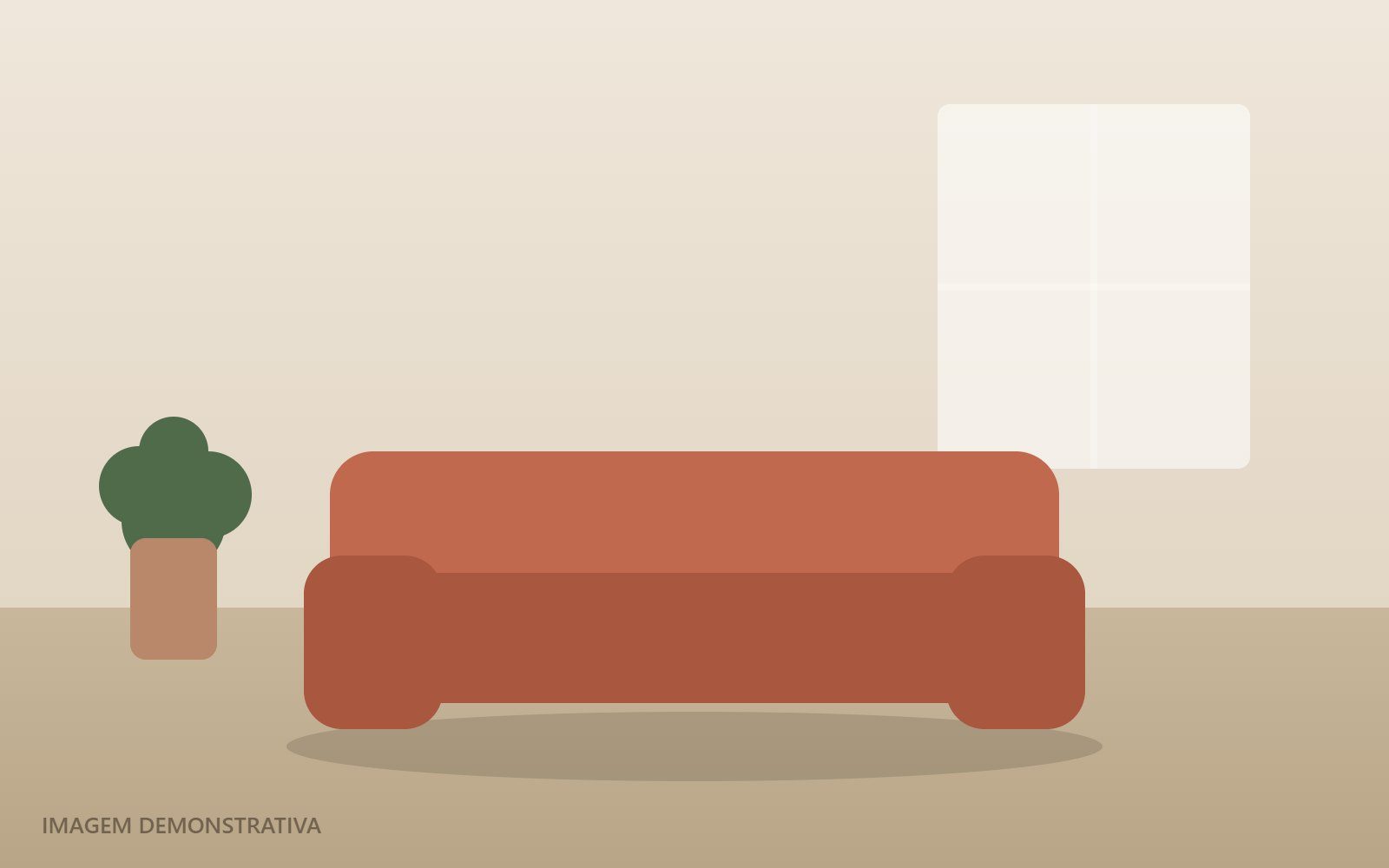 Sala com sofá de três lugares e janela ao fundo
